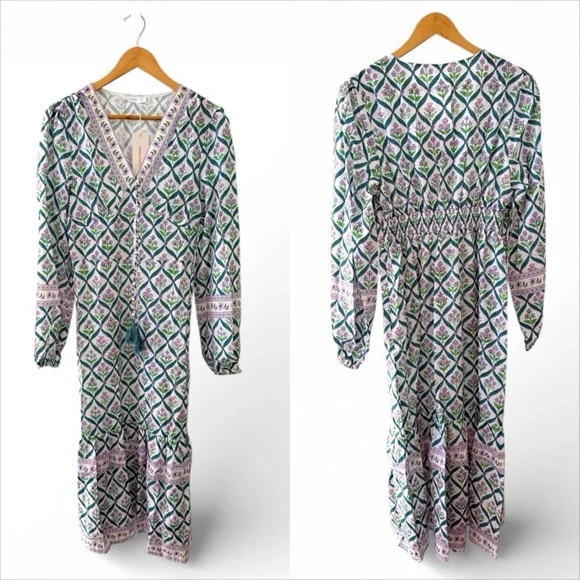 Sunny Spirit Maxi Boho Floral Print V Neck Flowy Tassel with Long Puff Sleeves. - Picture 7 of 16